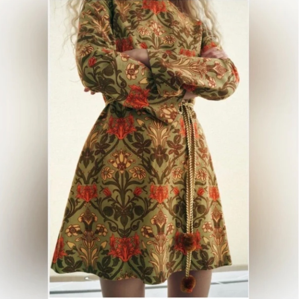 Zara Printed Floral Dress with Belt Linen Blend Size S New W/O Tags - Picture 3 of 7